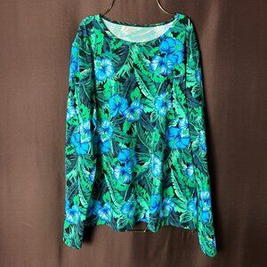 Lands' End Women's‎ XS Green Floral Long Sleeve Crewneck Swim Rash Guard